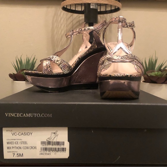 Vince Camuto Wedge heeled sandals; pewter with black trim; python detail; - Picture 3 of 8